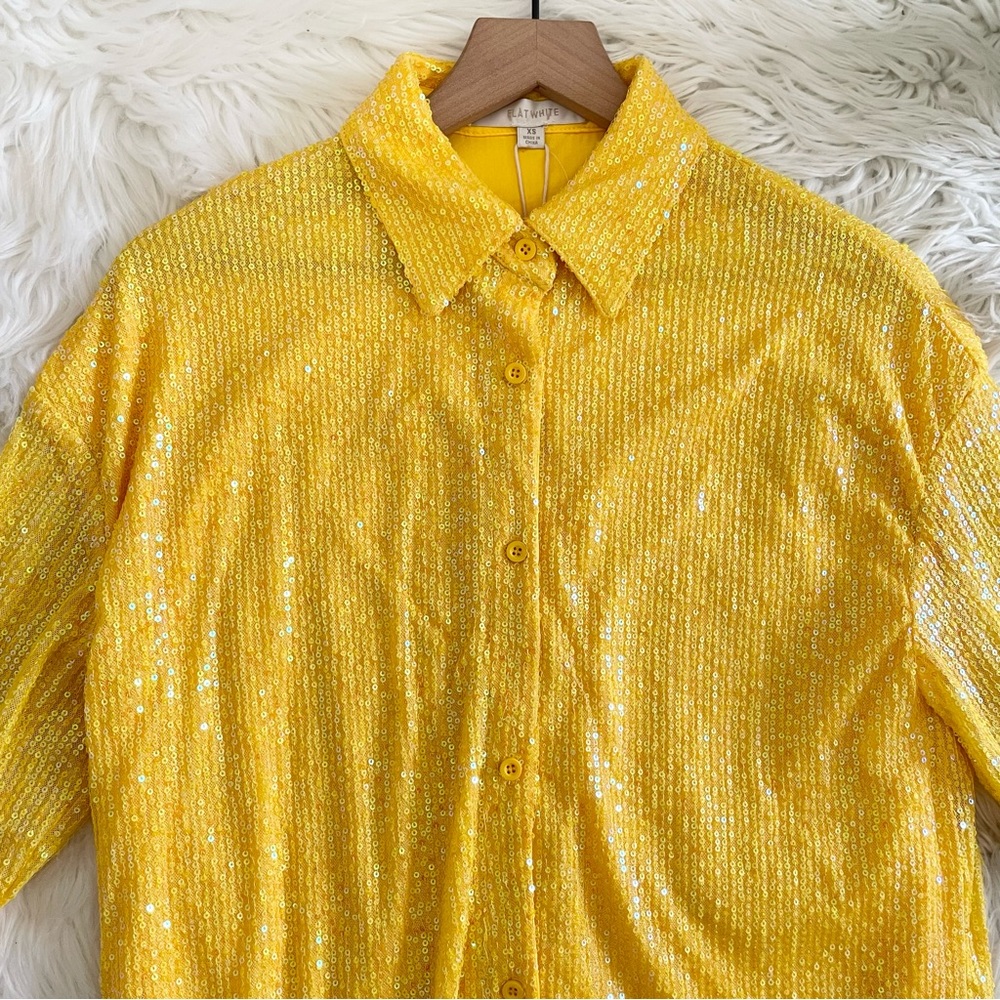 Anthropologie Sequin Tunic Shirt Dress Yellow XS Collared Button NWT - Picture 10 of 16